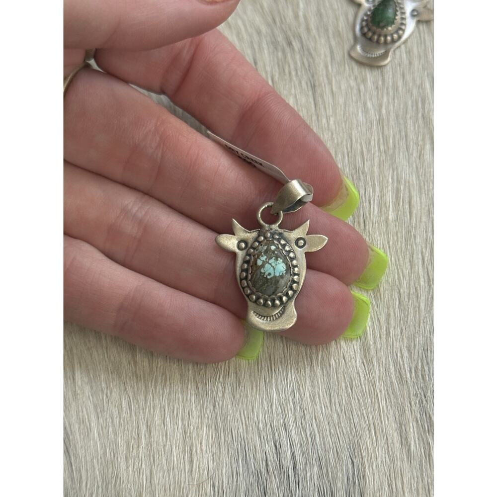 Sterling Silver Dry Creek Turquoise Bull Bison Cow Steer Head Stamped Pendant